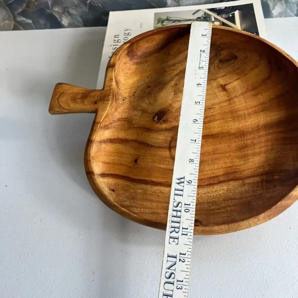 Vtg Hand Carved Wood Apple Shape Fruit Bowl Country Farmhouse Dish 13.5